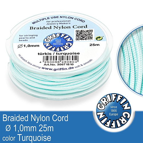 Braided NYLON (splétaná nit na náramky) GRIFFIN síla nitě 1mm cívka 25m. Barva Turquoise