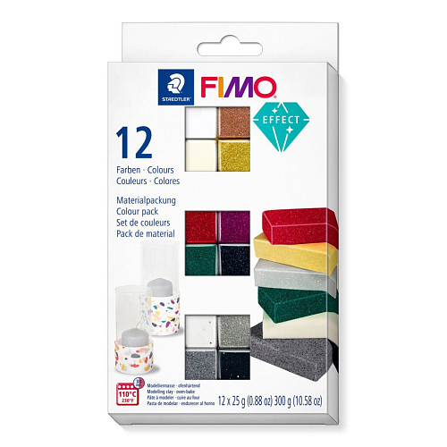 FIMO Effect v balení 12 barevných bloků FIMO po 25g.