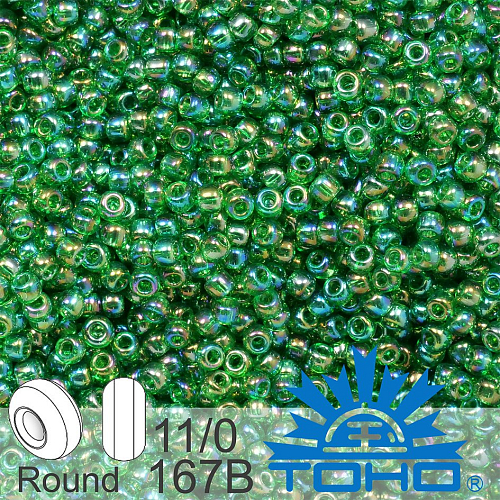 Korálky TOHO tvar ROUND (kulaté). Velikost 11/0. Barva č.167B-Trans-Rainbow Grass Green . Balení 8g.