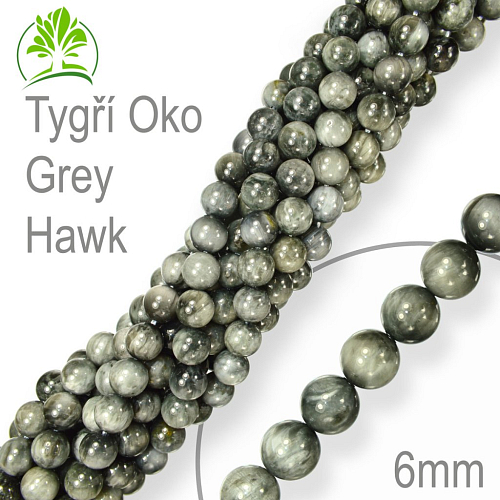 Korálky z minerálů Tygří Oko Grey Hawk Velikost pr.6mm. Balení 12Ks.