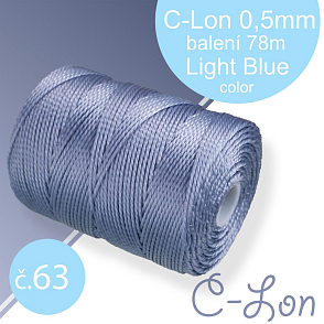 Nylonová nit C-Lon pevná korálková nit. Barva 63 Light Blue. Síla nitě 0,5mm. Balení 78m na cívce.