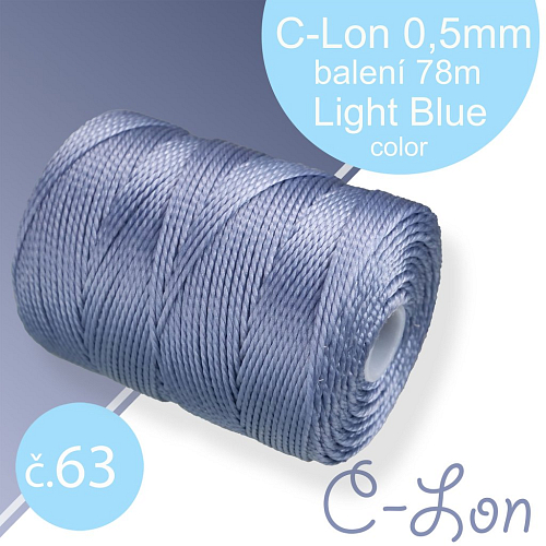 Nylonová nit C-Lon pevná korálková nit. Barva 63 Light Blue. Síla nitě 0,5mm. Balení 78m na cívce.