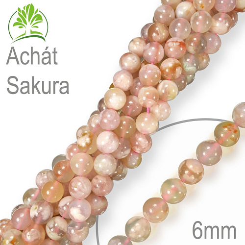 Korálky z minerálů Achát Sakura přírodní polodrahokam. Velikost pr.6mm. Balení 12Ks.
