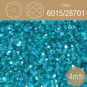Korálky BROUŠENÉ 4mm. Barva 6015/28701 Průhledná tyrkysová s pokovem AB. Balení 120Ks.