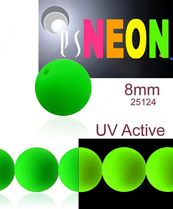 Korálky NEON (UV Active) velikost 8mm barva 25124 zelená. Balení 15Ks. 