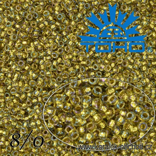 Korálky TOHO tvar ROUND (kulaté). Velikost 8/0. Barva č. 262-Inside-Color Crystal/Gold Lined . Balení 10g.