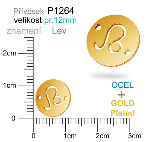 Přívěsek Ocel ozn-P1264 znamení LEV 2x otvor velikost pr.12mm. Barva POZLACENO. Řada přívěsků ProfiLUX