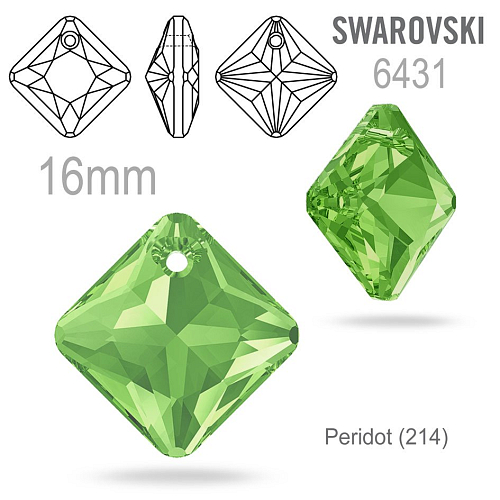 Swarovski 6431 Princess Cut Pendant barva Peridot (214) velikost 16mm.