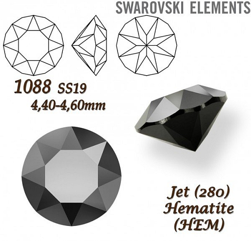 SWAROVSKI ELEMENTS 1088 XIRIUS Chaton SS19 (4,40-4,60mm) barva JET (280) Hematite (HEM). 