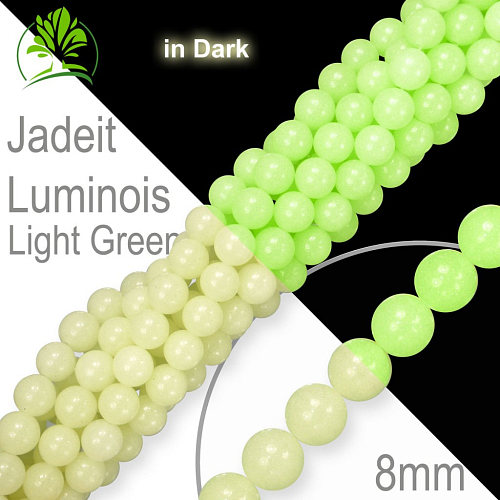Korálky z minerálů Jadeit Luminois Light Green. Velikost pr.8mm. Balení 10Ks. Korálky ve tmě fosforeskují (svítí). 