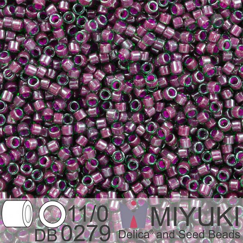 Korálky Miyuki Delica 11/0. Barva Cranberry Lined Emerald Luster DB0279. Balení 5g