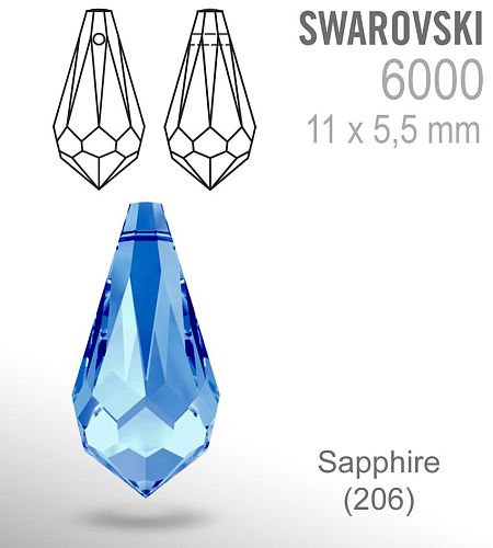 SWAROVSKI ELEMENTS PŘÍVÉSKY Teardrop 6000 barva SAPPHIRE velikost 11x5,5mm.