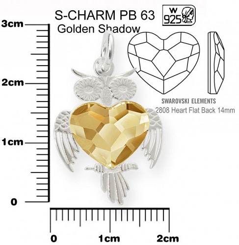 Přívěsek tvar SOVA+Swarovski 2808  14mm  Crystal (001) Golden Shadow (GSHA) ozn.PB 63. Materiál Ag925. Váha Ag 1,30g