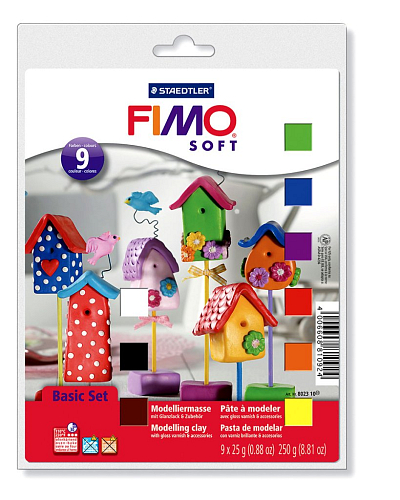 FIMO soft v balení 9 barevných bloků FIMO po 25g + LAK.