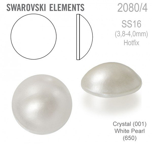 Swarovski 2080/4 Cabochon Round velikost SS16 barva Crystal White Pearl Hotfix
