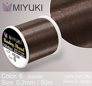 Nylonová nit značky MIYUKI. Barva č. 6 Brown. Materiál 330DTEX (0,2mm). Balení 50m. 
