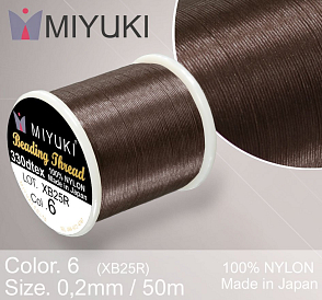 Nylonová nit značky MIYUKI. Barva č. 6 Brown. Materiál 330DTEX (0,2mm). Balení 50m.