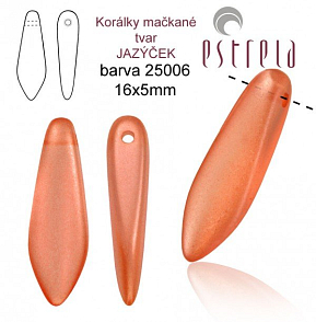 Korálky mačkané tvar JAZÝČEK. Velikost 16x5mm. Barva voskovaná ČERVENÁ papriková 25006. Balení 20Ks.