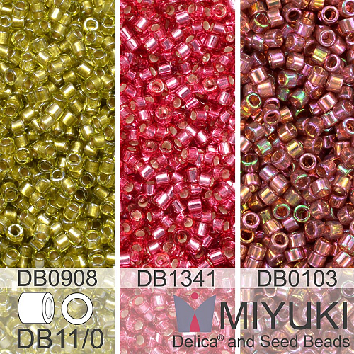 Korálky Miyuki Delica 11/0. Barevné variace č. 25 DB0908, DB1341,  DB0103. Balení 3x5g