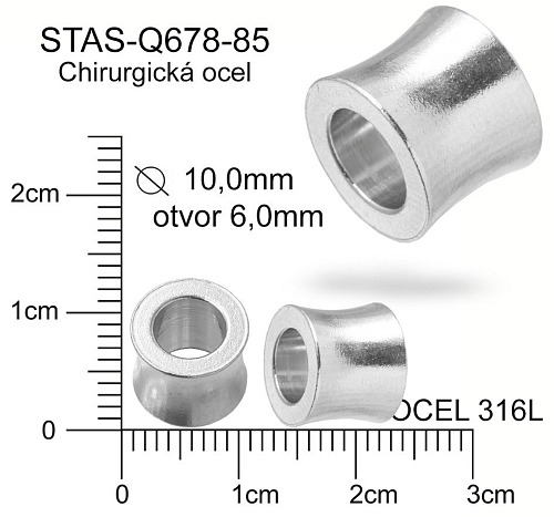 Korálek prohnutý CHIRURGICKÁ OCEL ozn.-STAS-Q678-85 Velikost pr.10,0mm x8mm otvor 6,0mm