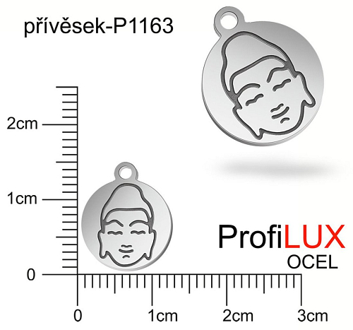 Přívěsek Chirurgická Ocel ozn-P1163 PLACIČKA s Buddhou velikost pr.12mm tl.1.0mm. Velikost otvoru pr. 1,5mm. Řada přívěsků ProfiLUX. 
