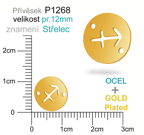 Přívěsek Ocel ozn-P1268 znamení STŘELEC 2x otvor velikost pr.12mm. Barva POZLACENO. Řada přívěsků ProfiLUX