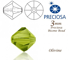 PRECIOSA Bicone (sluníčko) velikost 3mm. Barva OLIVINE. Balení 42ks 