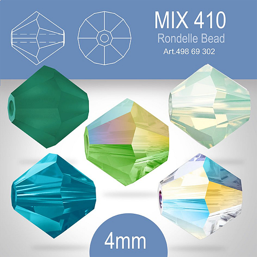 PRECIOSA Bicone (sluníčko) velikost 4mm. Barva MIX 410 Crystal AB2x, Chrysolite Matt, Peridot Glitter, Blue Zircon, Emerald Matt. Balení 30ks (5X6ks)