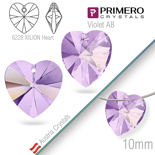 Korálky PRIMERO Crystals. Tvar 6228 XILION Heart. Barva Violet AB. Velikost 10mm