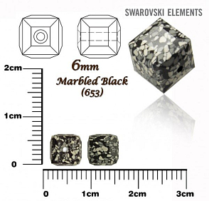SWAROVSKI CUBE Beads 5601/B KERAMICKÉ korálky barva MARBLED BLACK velikost 6mm.