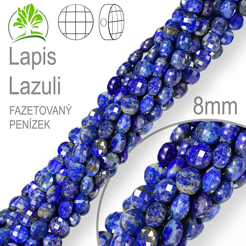 Korálky z minerálů Lapis Lazuli přírodní polodrahokam. Velikost pr.8mm tl. 5,5mm tvar penízek z čelních stran fazetovaný. Balení 50Ks