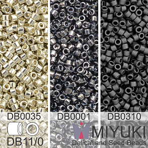 Korálky Miyuki Delica 11/0. Barevné variace č. 29 DB0001, DB0035,  DB0310. Balení 3x5g