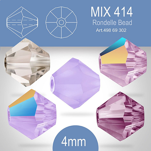 PRECIOSA Bicone (sluníčko) velikost 4mm. Barva MIX 414 Violet Matt, Amethyst, Crystal Velvet, Light Amethyst AB, Violet AB. Balení 30ks (5X6ks)