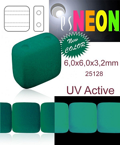 Korálky čtverec 2 otvory NEON (UV Active) velikost 6,0x6,0mm barva 25128 SMARAGDOVÁ. Balení 20Ks. 