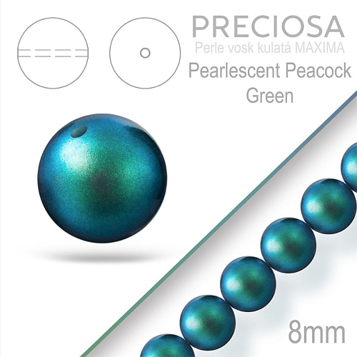 Preciosa Perle voskovaná kulatá MAXIMA Pearlescent Peacock Green velikost 8mm. Balení návlek 15Ks.