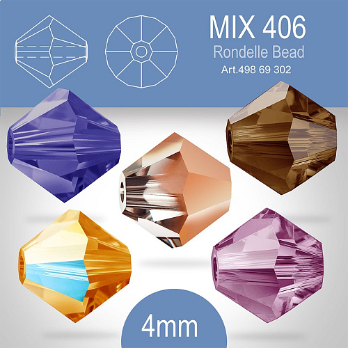 PRECIOSA Bicone (sluníčko) velikost 4mm. Barva MIX 406 Topaz AB, Capri Gold, Tanzanite Deep, Amethyst, Smoked Topaz. Balení 30ks (5X6ks)