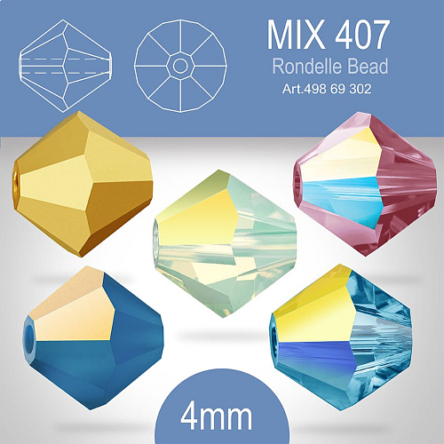 PRECIOSA Bicone (sluníčko) velikost 4mm. Barva MIX 407 Aurum Full, Chrysolite Opal AB, Indicolite AB, Montana AB, Light Burgundy AB. Balení 30ks (5X6ks)