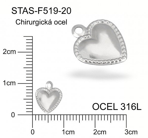Přívěsek CHIRURGICKÁ OCEL ozn.-STAS-F519-20 tvar SRDCE vypouklé velikost 10x8mm.