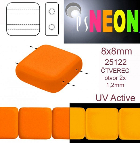 Korálky čtverec 2 otvory NEON (UV Active) velikost 8x8mm barva 25122 oranžová. Balení 15Ks. 