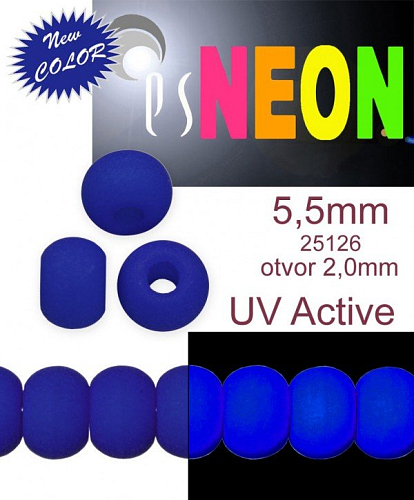 Korálky NEON (UV Active) BAVORÁK velikost pr.5,5mm tl.4,0mm barva 25126 MODRÁ TMAVÁ. Balení 21Ks. 
