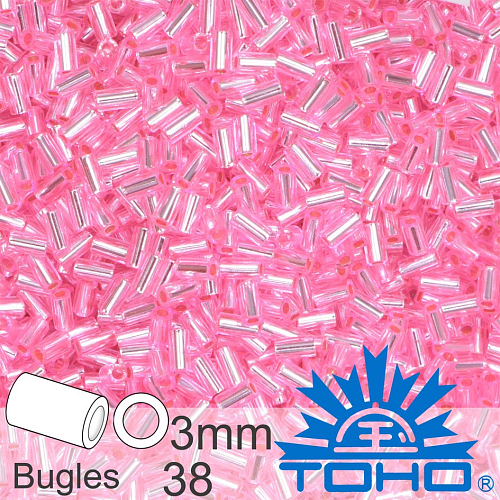 Korálky TOHO tvar BUGLES (válcové). Velikost pr.1,6mm x 3mm. Barva 38 Silver-Lined Pink. Balení 10g.
