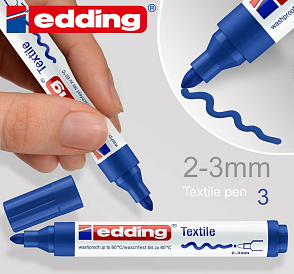 Permanentní textilní popisovač EDDING. Šířka 2-3mm odstín č.3 Modrá