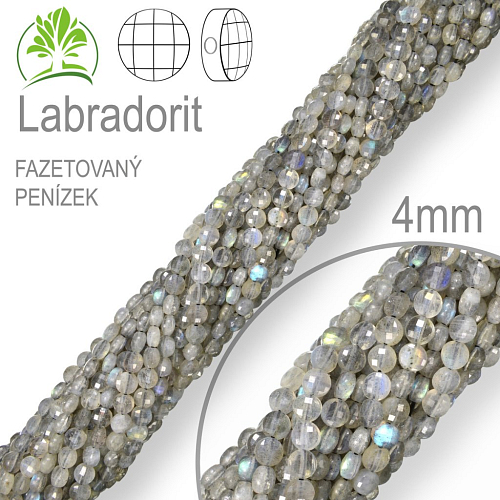 Korálky z minerálů Labradorit přírodní polodrahokam. Velikost pr.4mm tl. 2,5mm tvar penízek z čelních stran fazetovaný. Balení 108Ks