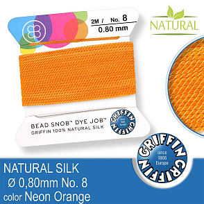 Hedvábná nit s jehlou GRIFFIN síla nitě 0,8mm No.8 délka 2m. Barva Neon Orange.