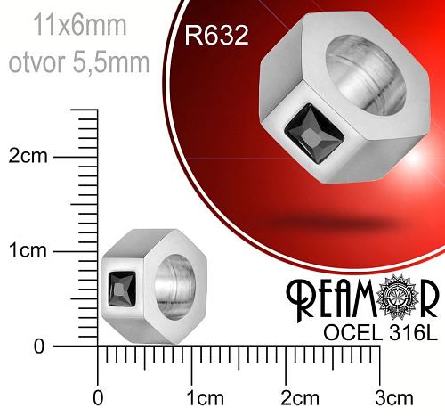Korálek tvarovaný Reamor CHIRURGICKÁ OCEL ozn.-R632. Velikost 11x6mm otvor 5,5mm.