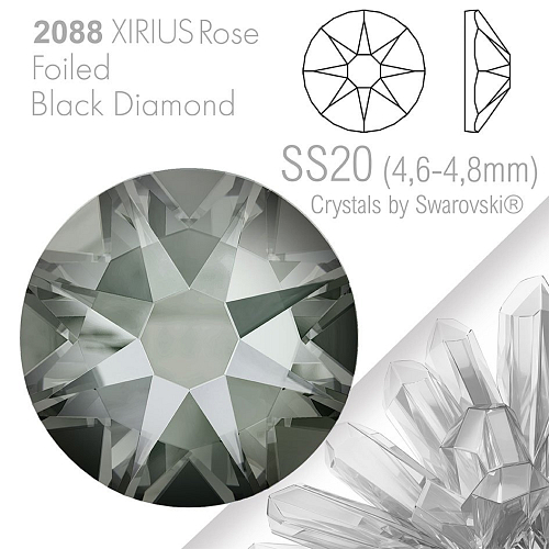 SWAROVSKI  XIRIUS Rose 2088 Foiled. Barva Black Diamond velikost SS20 (4,6-4,8mm). Balení 15Ks.