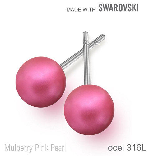 Náušnice sada Made with Swarovski 5818 Mulberry Pink Pearl (001 2018) 6mm+puzeta 316L