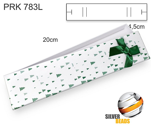 Krabička na šperky. Materiál papír . Ozn. PRK 783L. Velikost 20x4,5cm. Barva  Bílá + zelené vánoční stromečky