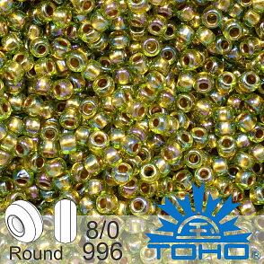 Korálky TOHO tvar ROUND (kulaté). Velikost 8/0. Barva č.996-Gold-Lined Rainbow Peridot. Balení 10g.