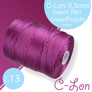 Nylonová nit C-Lon pevná korálková nit. Barva 13 Grape Purple. Síla nitě 0,5mm. Balení 78m na cívce.